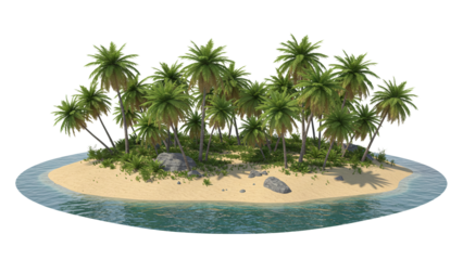 Tropical Paradise Island with Lush Palm Trees and Sandy Beach Surrounded by Turquoise Water – transparent background