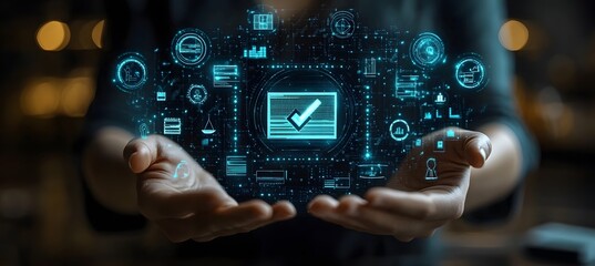 Digital compliance and data security with holographic document and legal protection icons in dark background
