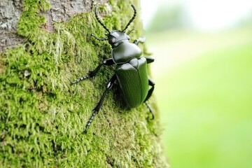 Close-up view of a black beetle on mossy tree bark.
