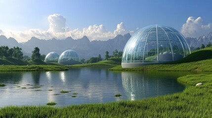 Obraz premium Transparent domes nestled in a tranquil valley landscape.