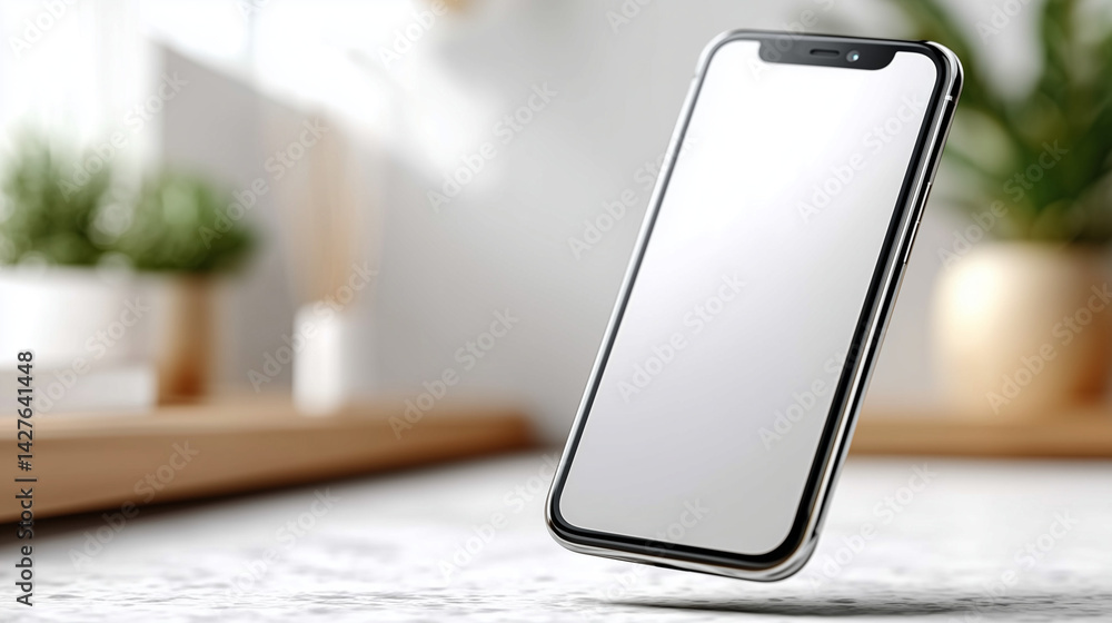 Poster minimalist smartphone: a sleek smartphone with a bright, empty screen stands on a neutral surface, i