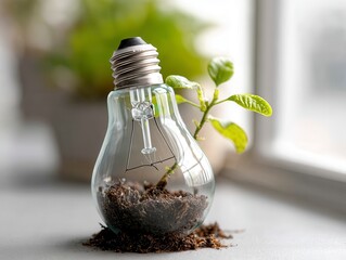 Light bulb stands in soil next to green plant sprout. Renewable energy eco tech environment protection Earth Day. Concept for ecology innovation conservation. Concept for green