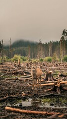 Obraz premium Solitary deer standing in deforested area with misty sky, fallen logs, environmental impact, somber mood