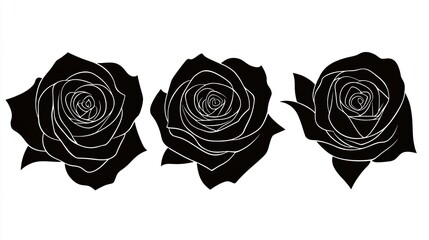 Three black vector roses in simple silhouette icon style with clean lines and central outlines on white background, minimal floral design for branding and decoration 