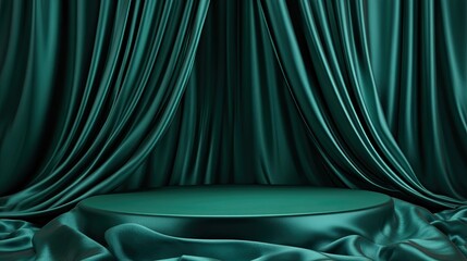 Emerald Silk Draped Podium Luxurious Product Display.