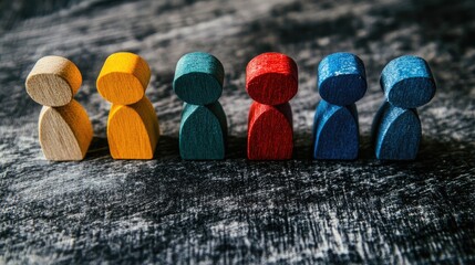 Colorful Wooden People Figures in a Row.