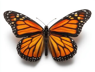 Fototapeta premium Monarch butterfly isolated on white. Insect shows open wings vibrant orange black details. Nature themes close up shot of creature insect wings. Ideal for eco content conservation.