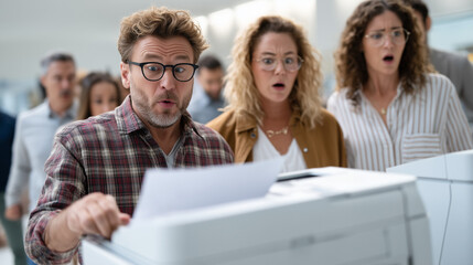 Office Printer Malfunction: A group of office workers stand shocked as a printer malfunctions, paper everywhere, portraying workplace chaos.