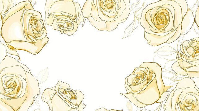 Elegant seamless gold rose line art pattern on a white background, featuring simple flat design in minimalistic linear vector style for high-resolution digital use.  