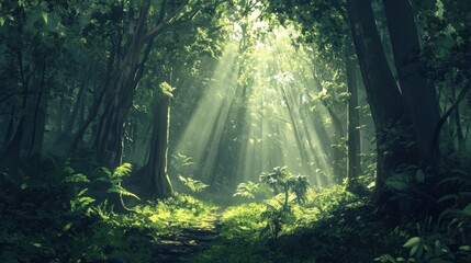 Obraz premium Sunlight streaming through lush green forest canopy in tranquil woodland setting.