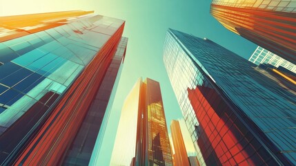 Sunlit modern architecture: tall glass skyscrapers against a blue sky perspective