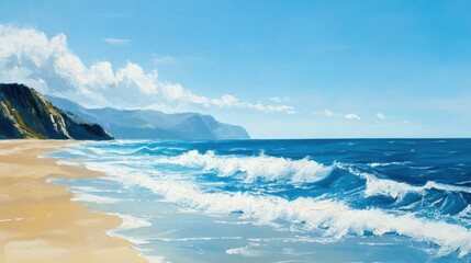 Fototapeta premium Sunny beach with gentle waves and clear blue sky - serene coastal summer scene.