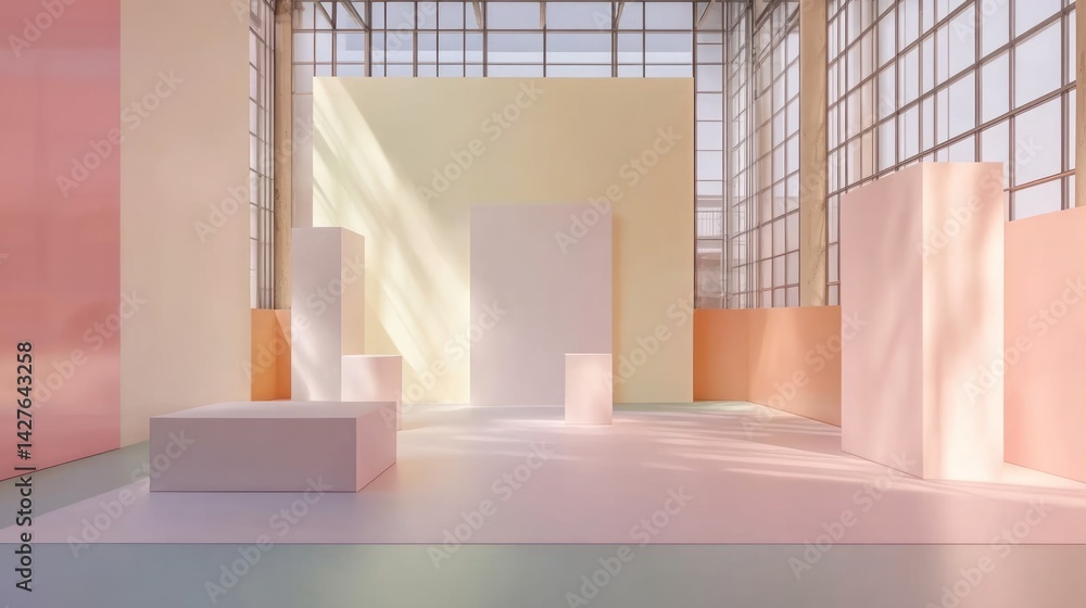 Poster pastel-toned, minimalist display area with soft lighting and geometric forms