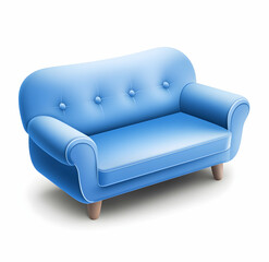 A blue sofa icon, transparent background, vector style, 3D rendering effect, high resolution, front view, high detail, soft lighting, no shadows on the ground, high definition.