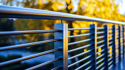 Closeup of modern metal railing with horizontal bars in outdoor setting with blurred autumn background
