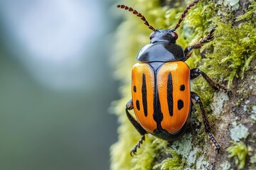 Close-up of a vibrant orange and black beetle clinging to moss-covered bark.