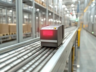 Automated Warehouse Barcode Scanner on Conveyor Belt.