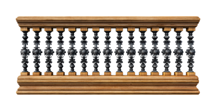 Vintage Ornate Decorative Wooden Balustrade with Detailed Black Iron Spindles and Classical Architecture Design Isolated on Transparent and White Background