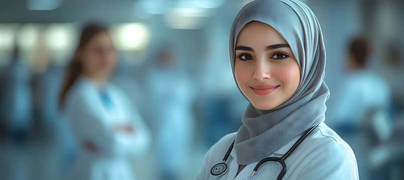 Cheerful Muslim doctor in hijab using tablet for telehealth, healthcare management, or medical research in Indonesia
