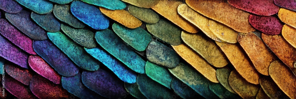 Fototapete close-up view of a butterfly wing pattern showcasing iridescent scales with vibrant colors and intri