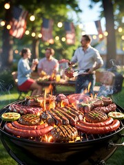 Festive barbecue grill scene with Family and Friends,sizzling sausages, blurred bistro lights, and patriotic American flags in background

