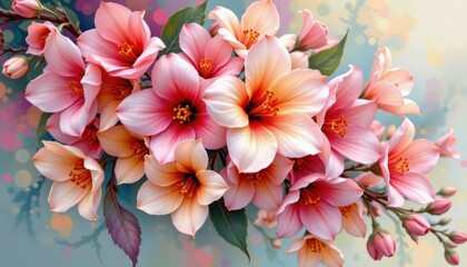 A cascade of blossoms in a painterly style. Petals unfurl in swirling patterns with a range of hues blending softly into each other. Impressionistic details and layering create depth