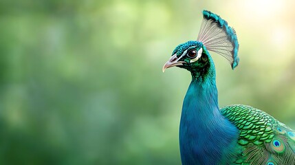 Majestic peacock displaying vibrant feathers in nature captured in soft focus environment