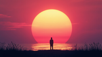 Lone Figure Silhouette at Sunset Over Calm Water Illustration