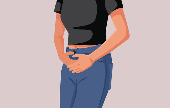 Bloated Woman Suffering from Abdominal Pain Vector Illustration. Girl  has abdominal pain during premenstrual period 
