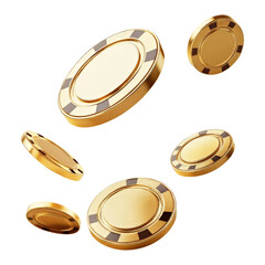 flying golden casino chips isolated on transparent white background, clipping path