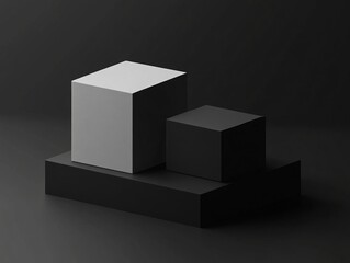 Dark studio scene with two tiered white and black cubes