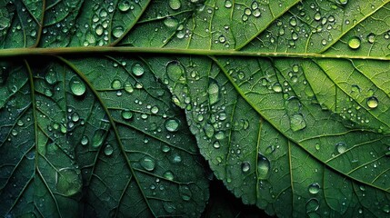 Fototapeta premium Morning Dew Glistens on Detailed Leaf Showcasing Intricate Veins and Vibrant Green Hues in Serene Outdoor Setting