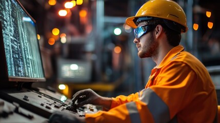 Focused Industrial Worker Monitoring Data on Computer Screen