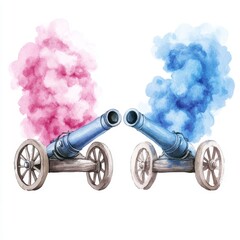 Two antique cannons firing pink and blue smoke