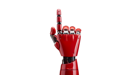 A robotic hand in a striking red color, raised with one finger pointing upward, showcasing intricate mechanical design.