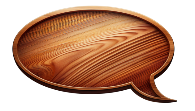 A wooden speech bubble featuring detailed grain patterns and a smooth finish.