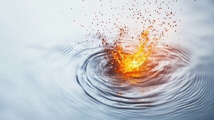 Fiery splash into water, creating ripples