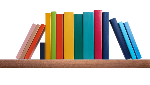 A row of colorful books arranged on a wooden shelf, showcasing various sizes and vibrant hues.