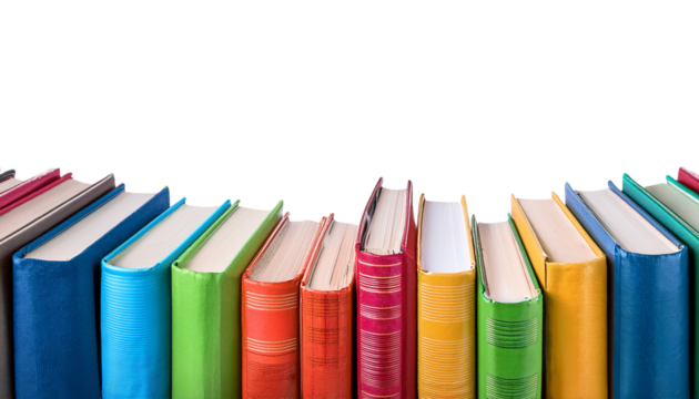 A colorful collection of books lined up against a black background, showcasing various vibrant covers and spines.