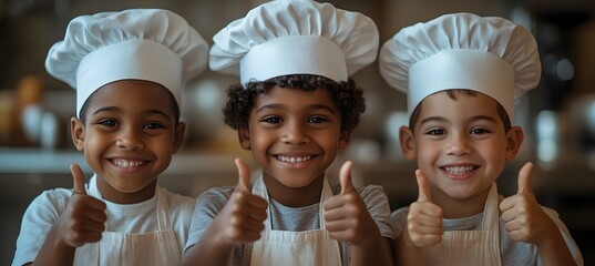 Diverse children joyfully engaging in baking and cooking activities in a kitchen setting,




