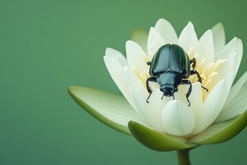 Dark beetle rests atop a pristine water lily.