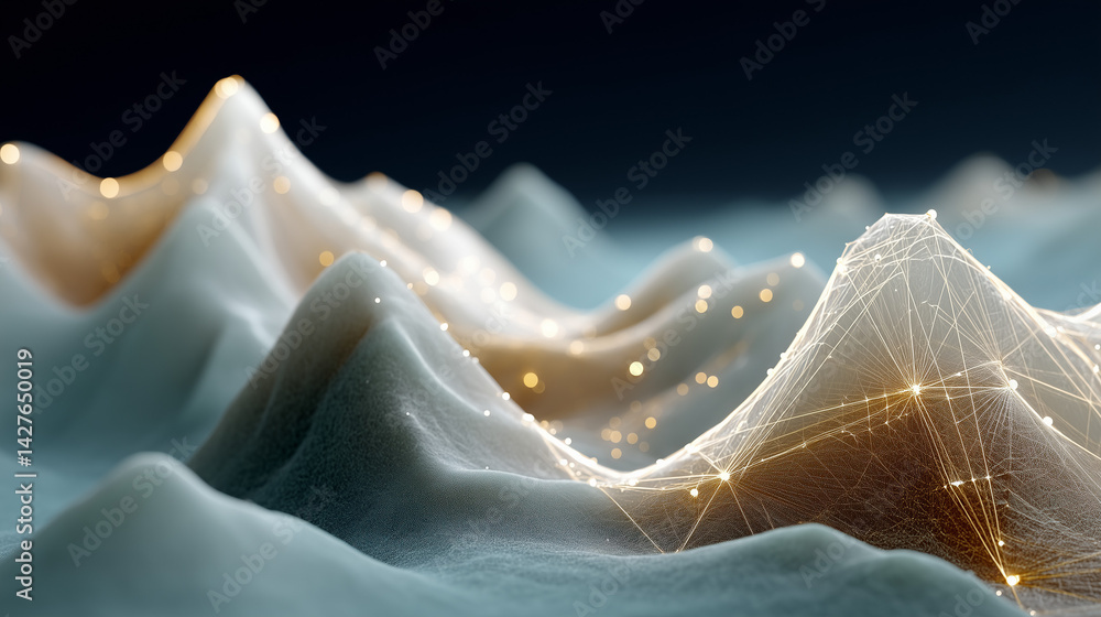 Poster digital terrain's ethereal glow: a captivating digital rendering of a landscape, with softly contour
