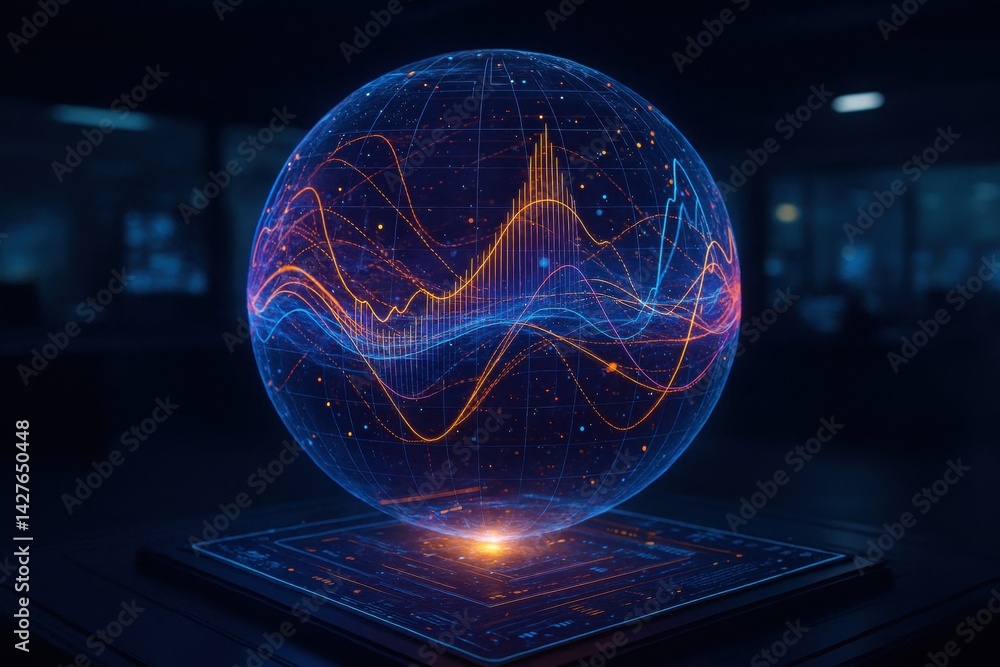 Poster digital sphere of data: a futuristic representation of a data sphere, showcasing vibrant lines of da