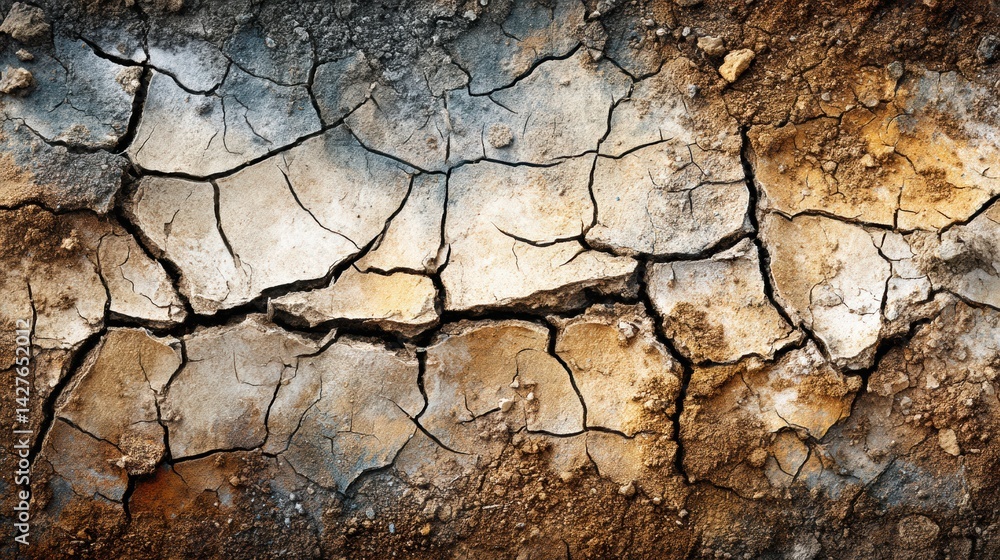 Poster dry cracked soil showcasing earthy tones and intricate patterns formed over time in arid conditions
