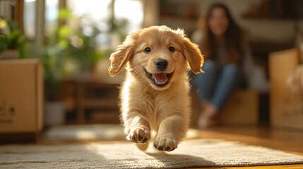 Happy woman moving into new home with playful puppy and box symbolizing homeownership success
