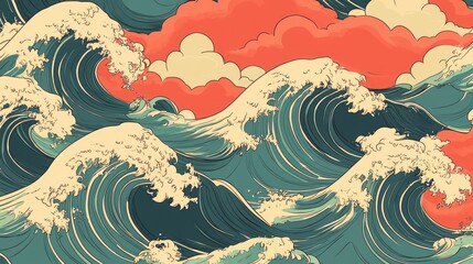 Retro Japanese Wave Ocean Art Print.