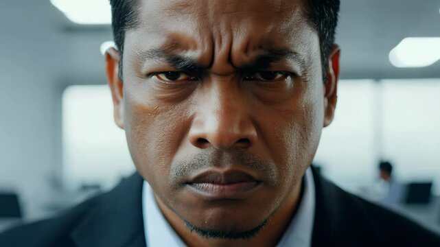 Middle-aged Asian man in sterile office, close-up dolly zoom, anger