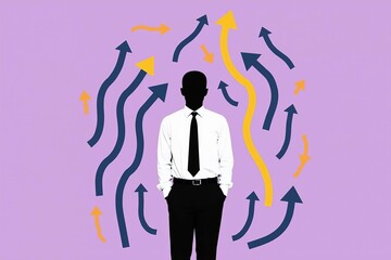 Business Growth Success Concept Professional: Corporate Achievement with Directional Arrows and Executive Silhouette Design