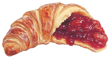 Flaky Golden Croissant with Red Strawberry Jam Filling on White Background