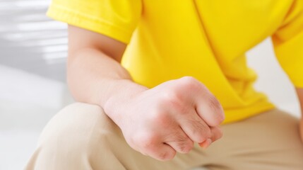 Fototapeta premium Man Clenching Fist in Yellow Shirt and Beige Pants Indoor Studio Shot Close Up
